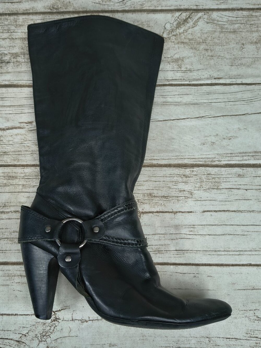 Black Leather Knee High Harness Boots Women Size 9